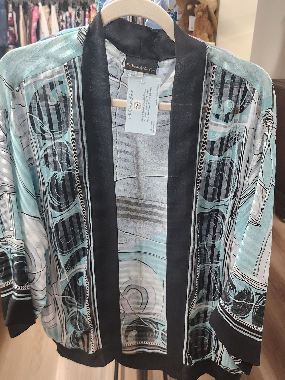 Light Blue Patterned Open-Front Kimono Jacket with Black Trim